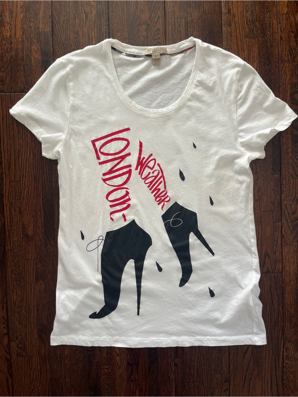 Burberry Brit White Graphic Tee with Black Heels and Red 'London' Script